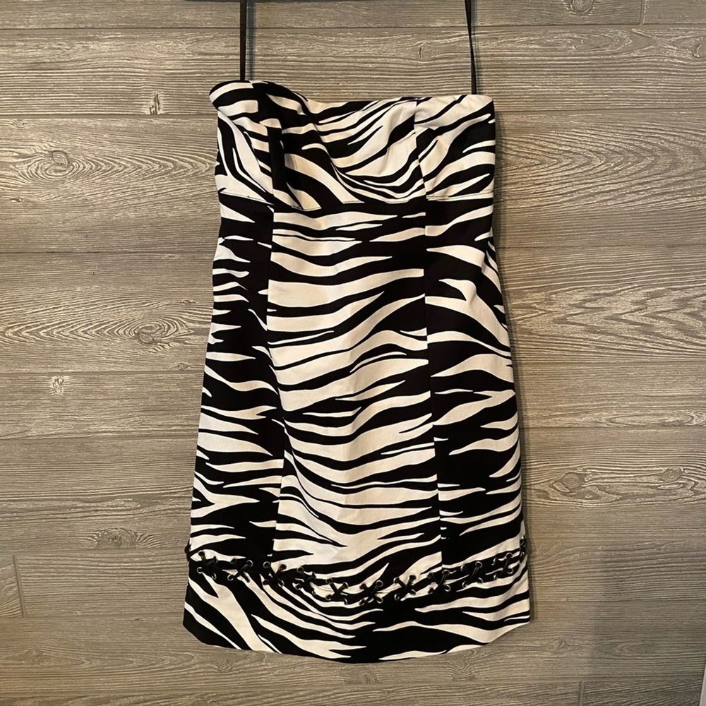 MICHAEL KORS‎ Zebra Print Strapless Sheath Dress Black White Size 8